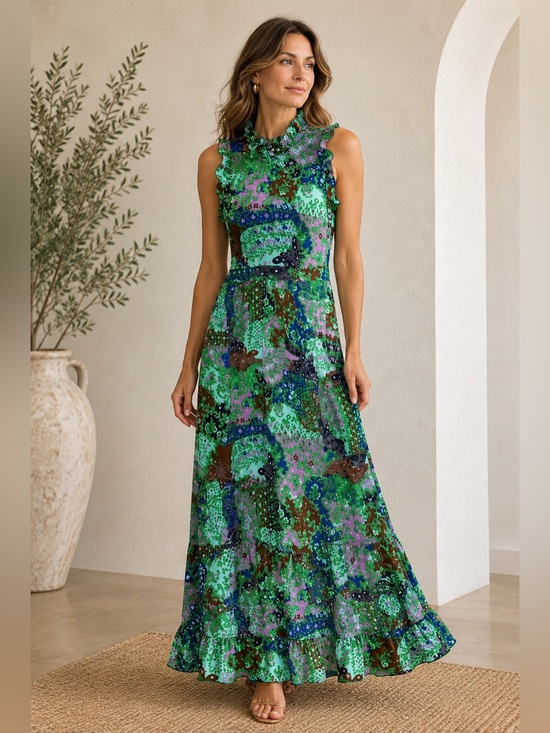American Vintage Dresses & Skirts - Vintage Andrea Gayle Women's Sleeveless Maxi Dress Ruffle Trim Green Blue Floral